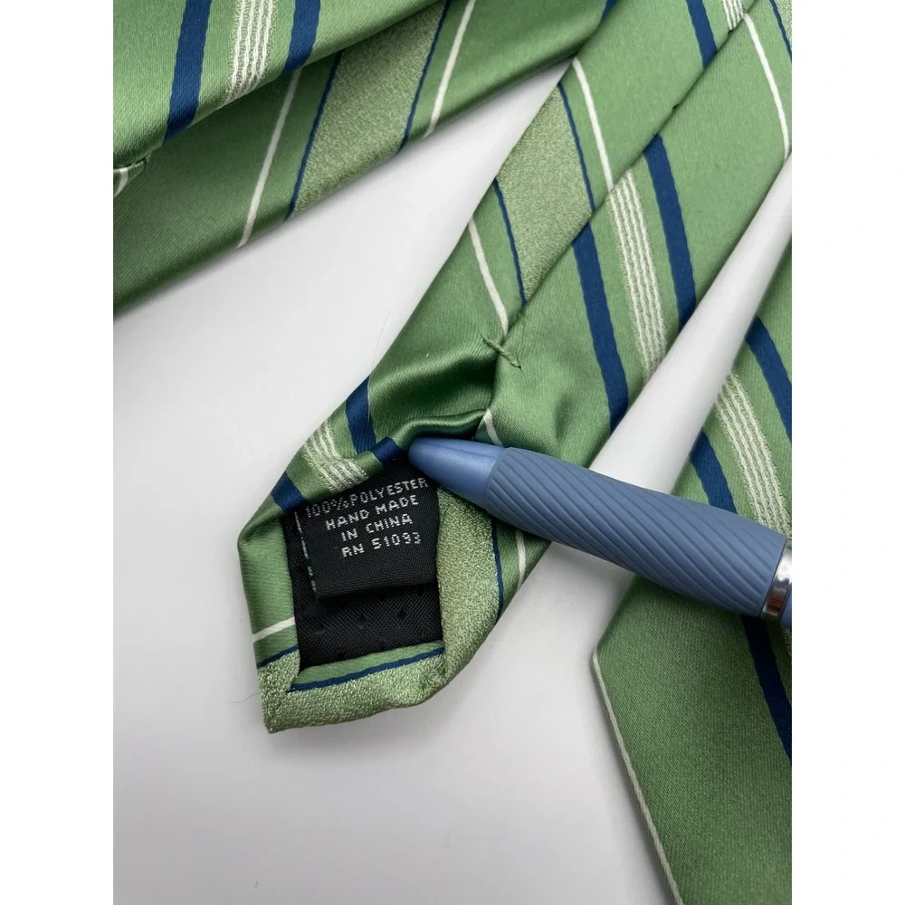 Haggar Mens Necktie Sage Green Navy Blue White Striped Polyester Classic Tie